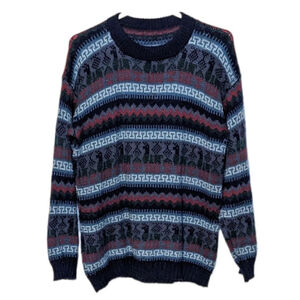Vintage alpaca traditional Peru crew neck sweater red blue Medium T1